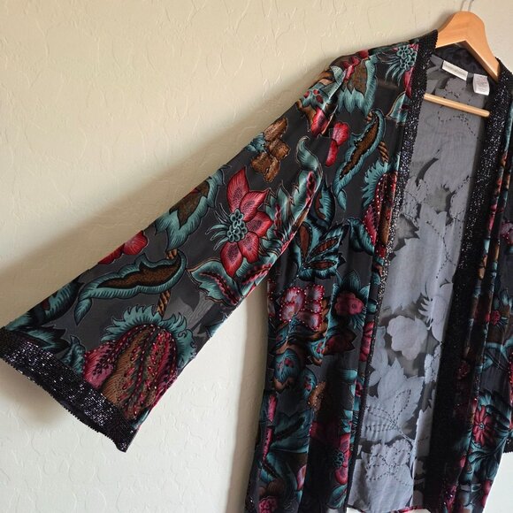 Drapers & Damons Velvet Burnout Beaded Floral Silk Cardigan Womens M Whimsigoth - Picture 5 of 12